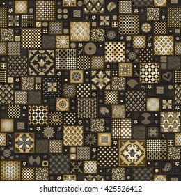 Vector seamless patchwork pattern from black and gold, oriental ornaments, round and square rosette, stylized golden flowers, leaves. Geometrical  textile print,  pillow embroidery.Art deco wallpaper