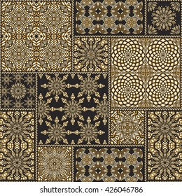 Vector seamless patchwork pattern from black and gold oriental ornaments, round and square rosette, stylized golden flowers, leaves. Geometrical  textile print,  pillow embroidery. Art deco wallpaper.