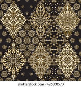 Vector seamless patchwork pattern from black and gold oriental ornaments, rhombus rosette, stylized golden flower, star, snowflake. Geometrical textile print, pillow embroidery. Art deco wallpaper