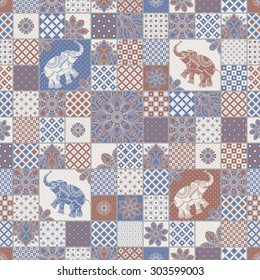 Vector seamless patchwork pattern from dark blue, terracotta light grey and beige oriental ornaments. Indian elephant silhouette, rosette from stylized flowers and leaves. Geometrical  textile print