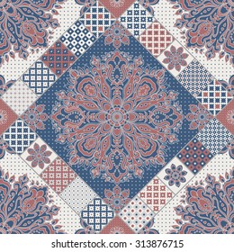 Vector seamless patchwork pattern from dark blue, terracotta, beige and light grey oriental ornaments, dot patterns, Indian style decorative rosette from stylized flowers and leaves. Textile print