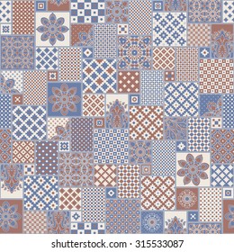 Vector seamless patchwork pattern from dark blue, terracotta,light grey and beige oriental ornaments, round and square rosette from stylized flowers and leaves.Geometrical print and pillow embroidery