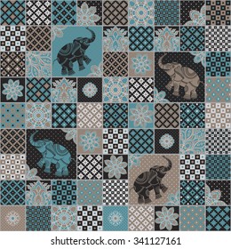 Vector seamless patchwork pattern from dark turquoise, brown, light grey and beige oriental ornaments. Indian elephant silhouette, rosette from stylized flowers and leaves. Geometrical textile print