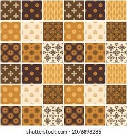 Vector seamless patchwork pattern. Square mosaic design with oriental ornaments. Decorative bright print for boho textiles. 