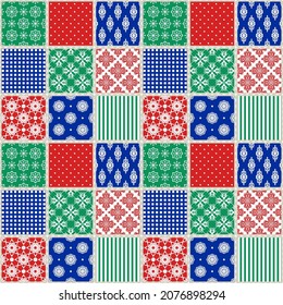 Vector seamless patchwork pattern. Square mosaic design with oriental ornaments. Decorative bright print for boho textiles. 