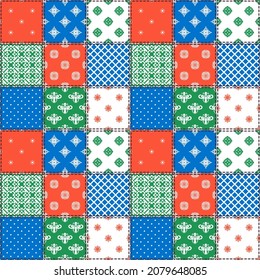 Vector seamless patchwork pattern. Square mosaic design with oriental ornaments. Decorative bright print for boho textiles. 