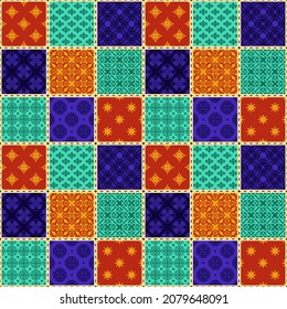 Vector seamless patchwork pattern. Square mosaic design with oriental ornaments. Decorative bright print for boho textiles. 