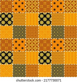 Vector seamless patchwork pattern. Square mosaic design with oriental ornaments. Decorative bright print for boho textiles. 