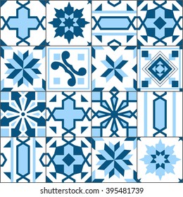 Vector seamless patchwork tiles floor. Pattern of painted glazed ceramic tilework. Blue tiles floor ornament