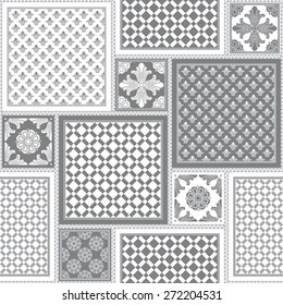 Vector seamless patchy pattern from dark grey and white geometric ornaments, stylized flowers and leaves on light gray background