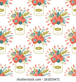 Vector seamless patern with beautiful bouquets in the glass jars. Floral vintage background. Retro fabric texture.