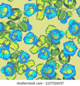 Vector seamless patern branch bell flowers on a lime green background.