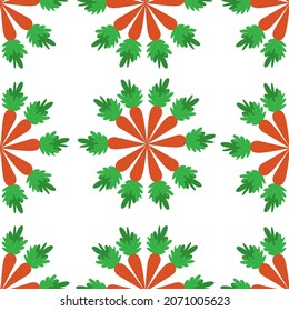 Vector seamless patern. Bright orange carrot with green leaves on a white isolated background. 
