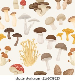 Vector Seamless Patern with Edible, Poisonous Inedible Mushrooms. Hand Drawn Cartoon Mushrooms. Different Mushrooms Isolated on White. Fly Agaric, Champignon, Death Cap, Shiitake, Enoki, King Trumpet