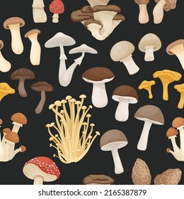 Vektor Nahtlose Muster mit essbaren, giftigen, undiblen Pilzen. Handgezeichnete Cartoon-Pilze. Unterschiedliche Pilze auf Schwarz. Fly Agaric, Champignon, Death Cap, Shiitake, Enoki, King Trumpet