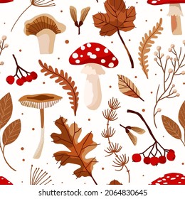 Vector seamless patern with forest objects. Leaves, berries, grass, maple and oak. Suitable for wallpapers, fabrics, prints, backgrounds, packaging.