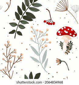 Vector seamless patern with forest objects. Leaves, berries, grass. Suitable for wallpapers, fabrics, prints, backgrounds, packaging.