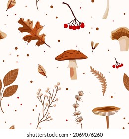 Vector seamless patern with forest objects. Leaves, berries, grass. Suitable for wallpapers, fabrics, prints, backgrounds, packaging.