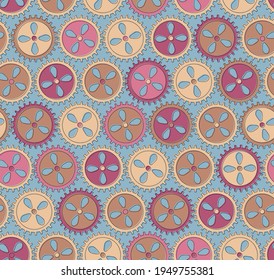 Vector seamless patern gears. Colored round gear elements of the mechanism. Isolated details on white.