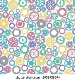 Vector seamless patern gears. Colored round gear elements of the mechanism. Isolated details on white. Engineering mechanism, equipment