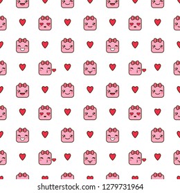 Vector seamless patetrn with cute pink square kawaii emojis and hearts