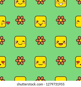 Vector seamless patetrn with cute yellow square kawaii emojis