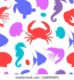 Vector seamless patrn with silhouettes of the inhabitants of the sea on a white background. Red crabs, shrimp, blue turtles, blue seahorse, shell and blue fish. Print for clothing, textiles.