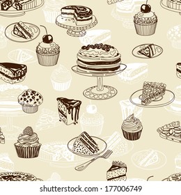 Vector seamless patten with party pastry and sweets. Hand drawn illustration with Cakes and cupcakes. Teatime.