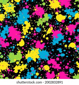 Patten sin fisuras vectorial. Rosa, amarillo. azul, verde, salpicaduras abstractas y gotas sobre negro. Diseño de arte creativo para textiles. papel envolvente, papel tapiz.