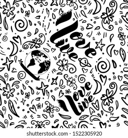 Vector seamless patten with text: I love life and graphic elements, can be used as print on fabric, clothes, packaging of positive goods.