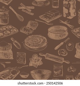 Vector seamless patten. Vintage Illustration with milk, sugar, flour, vanilla, eggs, mixer, baking powder, rolling, whisk, spoon vanilla bean, butter and kitchen dish.