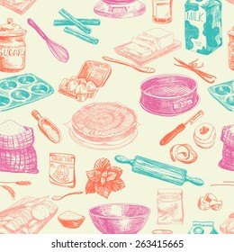 Vector seamless patten. Vintage Illustration with milk, sugar, flour, vanilla, eggs, mixer, baking powder, rolling, whisk, spoon vanilla bean, butter and kitchen dish.