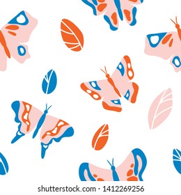 vector seamless patter butterfly insect leaf cute childish illustration on white
