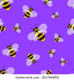 Vector Seamless Patter, Colorful Bees on Purple Background, Colorful Background, Honey.