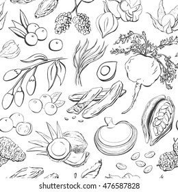 Vector seamless patter with doodles of the most popular super foods. Hand drawn fruits, plants and berries with black outline on white background for your design.