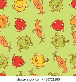 vector seamless patter with emotion vegetables on green background