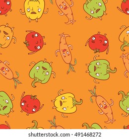 vector seamless patter with emotion vegetables on orange background