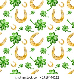 Vector seamless patter of good luck, with horseshoe and clever leaves. 