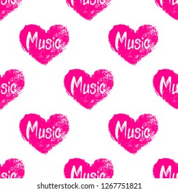 Vector seamless patter with hand drawn lettering of word Music on the big pink shabby Heart isolated on the white background.