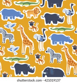 Vector seamless patter of illustration of cute funny african animals, beasts of savanna