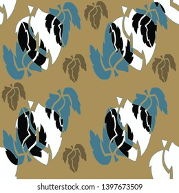 vector, seamless patter, leaves in different sizes and shapes in white, black, brown in a plane olive background