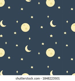 Vector seamless patter with night sky. Moon and stars