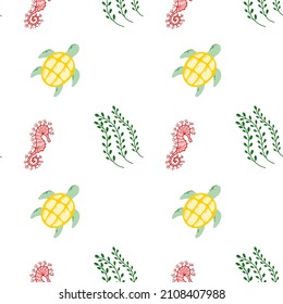 Vector seamless patter on sea topic. Cartoon illustrations: turtle, seaweed, sea horse. Nice illustration for fabric, print, textile, background 