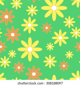 Vector seamless patter with plane flowers. Texture with yellow and orange simple camomiles on the green background.