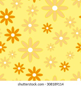 Vector seamless patter with plane flowers. Texture with simple camomiles on the soft yellow background.