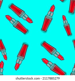 Vector seamless patter with red lipstick on turquoise background