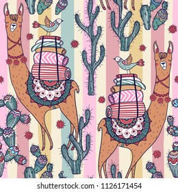 vector seamless patterm with cute llamas on a striped background