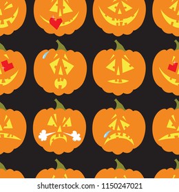 Vector seamless patterm with funny orange halloween pumpkins with diffferent emotions and black background