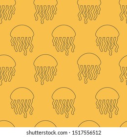 Vector seamless patterm with linear jellyfish on the yellow background. Modern minimalistic pattern. Cartoon style. For textile design for children, cover, wallpaper, package design. Marine theme.