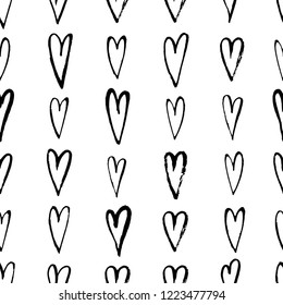 Vector Seamless Patterm Of Simple Hand Drawn Hearts. Line Art. Black On White. For Valentine , Wedding, Romantic Or Vintage Design.